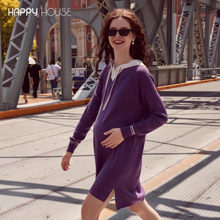 快乐屋孕妇可哺乳连衣裙2025新款 外穿哺乳衣女 连帽休闲毛衣裙时尚