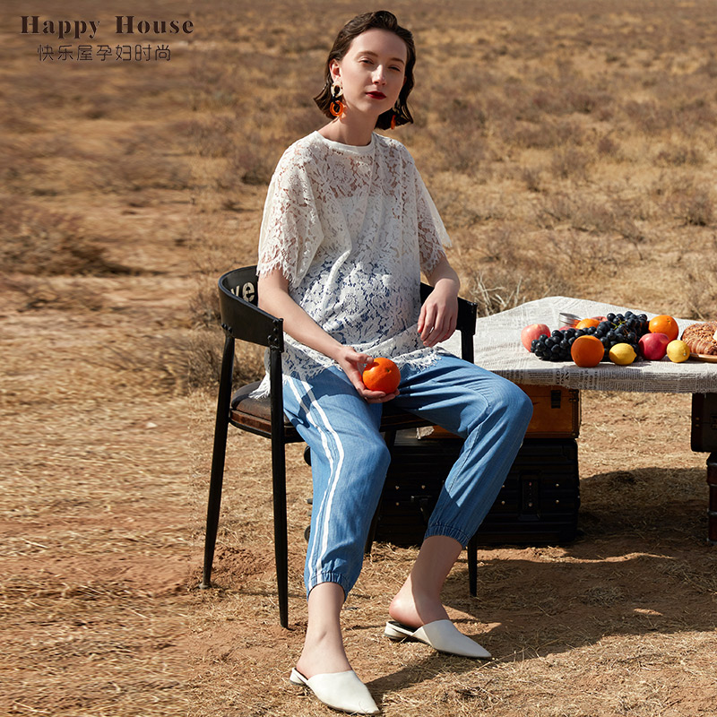 快樂屋孕婦九分褲牛仔條紋老爹褲