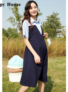 快乐屋孕妇针织哥弟通勤风条纹拼接连衣裙2026新款夏装时尚孕妇裙