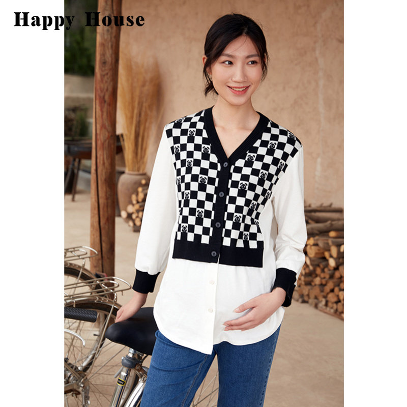 快乐屋孕妇毛衣时尚拼接假两件上衣2026新款春装衬衫长袖孕妇装