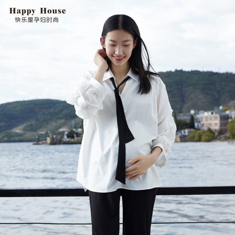 快乐屋孕妇白衬衫春夏女中长款职业潮装V领灯笼袖上衣宽松孕妇装