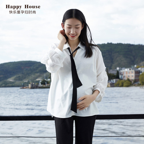 快乐屋V领灯笼袖职业孕妇白衬衫