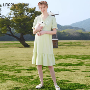 快乐屋孕妇微皱竹纤维显瘦V领复古连衣裙2025新款 孕妇裙子夏 时尚