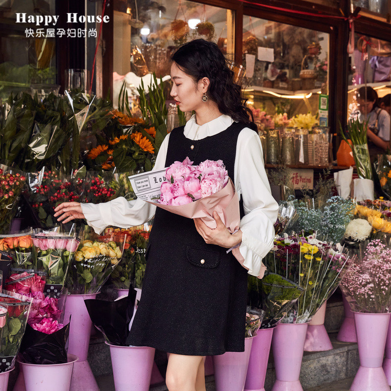 해피 하우스 출산 셔츠 봄 가을 2024 새로운 긴 소매 연꽃 잎 칼라 약간 신축성있는 긴 소매 탑 솔리드 컬러 출산 의류 유행