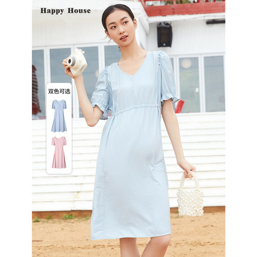 快乐屋时尚V领孕妇连衣裙夏装