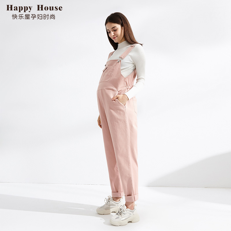 快乐屋孕妇背带裤春夏2026新款时尚宽松卷边潮妈外穿托腹背带长裤