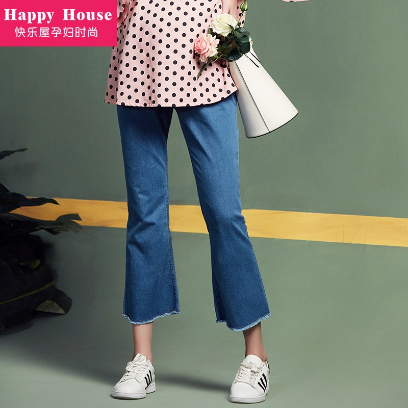 快乐屋2023春秋新款孕妇裤高腰调节喇叭睫毛边牛仔3-9个月九分裤