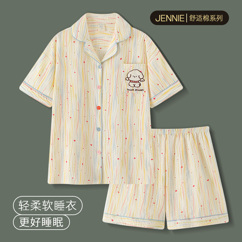 睡衣女新款纯棉短袖双层棉纱套装