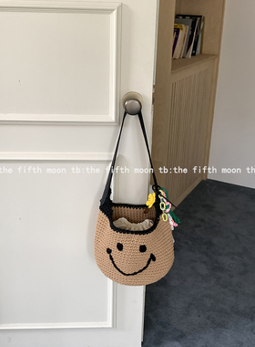 thefifthmoon经典笑脸大容量手工编织包单肩包百搭小众款笑脸挂件