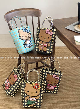 thefifthmoon夏日的黑皮KT可爱猫咪编织篮手提单肩篮子拍照