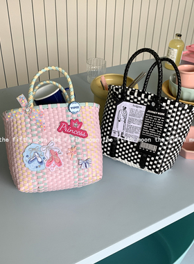 thefifthmoon可爱甜酷风刺绣布标少女心小众编织篮手提篮