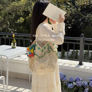 thefifthmoon原创清新手工花边棉绳大容量单肩包度假风拍照好看