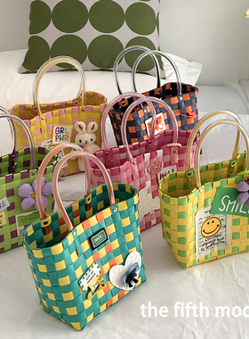 thefifthmoon可爱彩色清新格子塑料编织篮手提菜篮子包休闲草编包