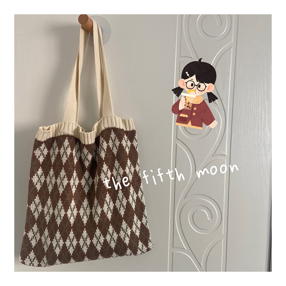 thefifthmoon秋冬复古三色菱形格纹针织毛线编织单肩包袋