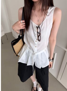 小众设计感无袖挂脖掐腰上衣女夏季超火外穿绝美辣妹白色亚麻背心