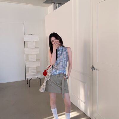 foryou荡领飘带外穿无袖挂脖上衣女百搭绝美格子吊带小背心1013