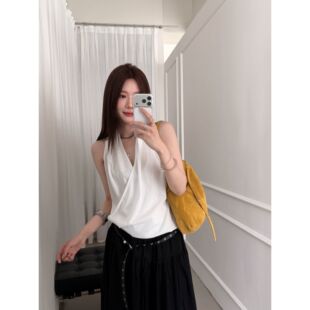 巨好看设计感交叉V领外穿白色吊带背心女小个子无袖百搭挂脖上衣