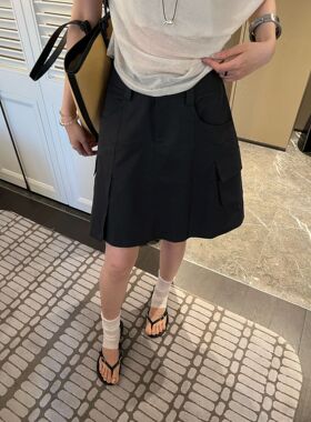巨好看复古百搭黑色工装半身裙女生夏季新款韩系高腰显瘦a字短裙