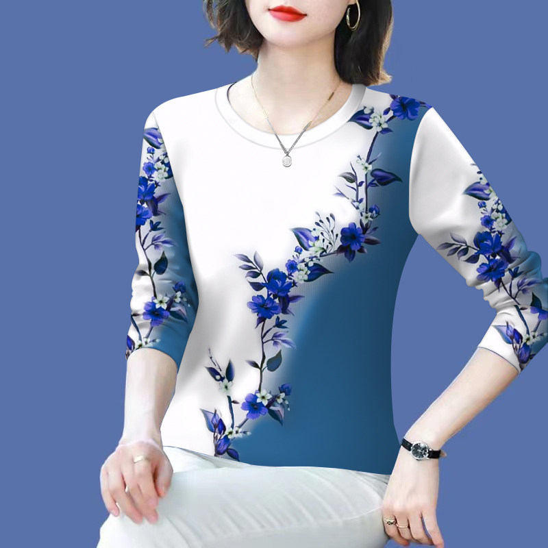 新品长袖2025印花减龄圆领春秋妈妈t恤遮肚显瘦百搭打底衫女潮,女装/女士精品,T恤,淘宝优惠券,粉丝福利购,淘宝优惠卷