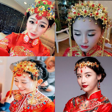 红色古装饰品新娘头饰秀禾服旗袍发饰盘结婚复中式礼服凤冠额包邮