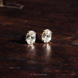 G HANDMADE 925纯银镀金椭圆蛋形锆石70分耳钉仿钻石精致耳饰欧美