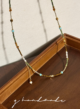 G HANDMADE 手工感天然珍珠米珠秋冬色系石串珠项链可做手链