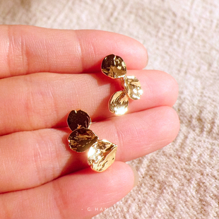 关山月手作 仿金小树叶黄铜镀金耳环925银针耳钉树叶肌理气质款