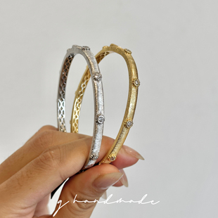 G HANDMADE 925纯银镀真金意大利拉丝手镯轻珠宝进口锆石