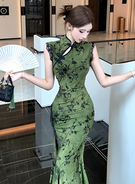 新中式复古改良旗袍冰丝连衣裙女开叉夏季高腰性感包臀气质中长裙