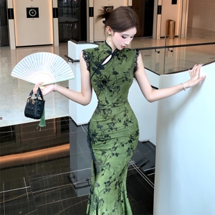 新中式 高腰性感包臀气质中长裙 复古改良旗袍冰丝连衣裙女开叉夏季