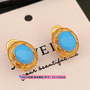 睡美人纳米美松蓝925纯银耳钉大尺寸重工高级感复古耳扣女绿松石