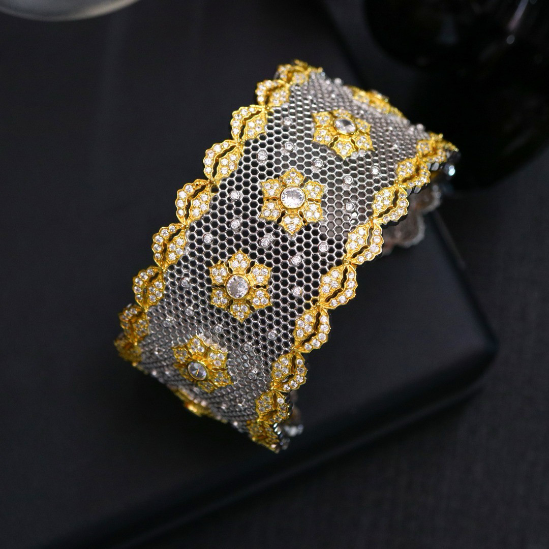 复古意大利精工蜂巢蕾丝拉丝工艺s925纯银镀金雪花奢华镶嵌宽手镯