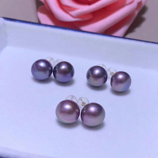 高品质9-10mm天然爱迪生紫珍珠耳钉女925银针正圆强光细微瑕妖紫