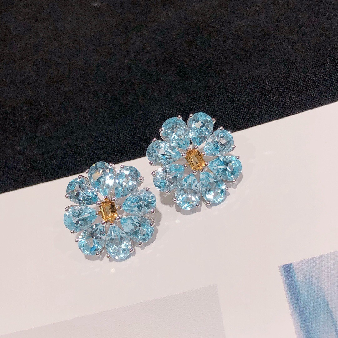 14克拉天空蓝托帕石太阳花耳钉项链女925银花朵吊坠925彩宝锁骨链