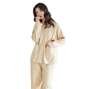 春秋天睡衣女款卡通草莓熊长袖秋季华夫格棉学生可外穿家居服套装