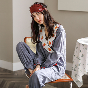 春秋季 可外穿甜美两件套家居服 梭织棉睡衣女长袖 系绳可爱宽松薄款