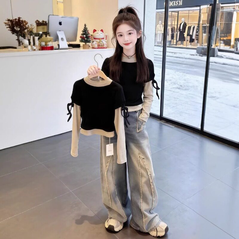 女童春秋装儿童韩系假两件上衣牛仔裤套装2026新款长袖t恤阔腿裤