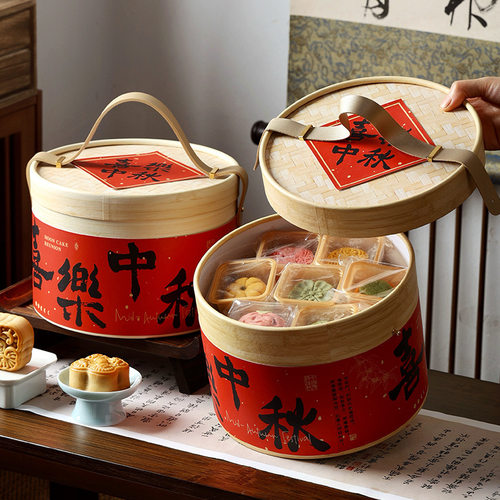 仿竹编筒礼盒中秋月饼圆形包装盒