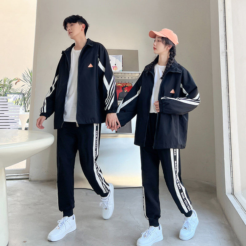 实拍情侣装新款韩版拼色百搭宽松外套初高中毕业班服外套63裤子32