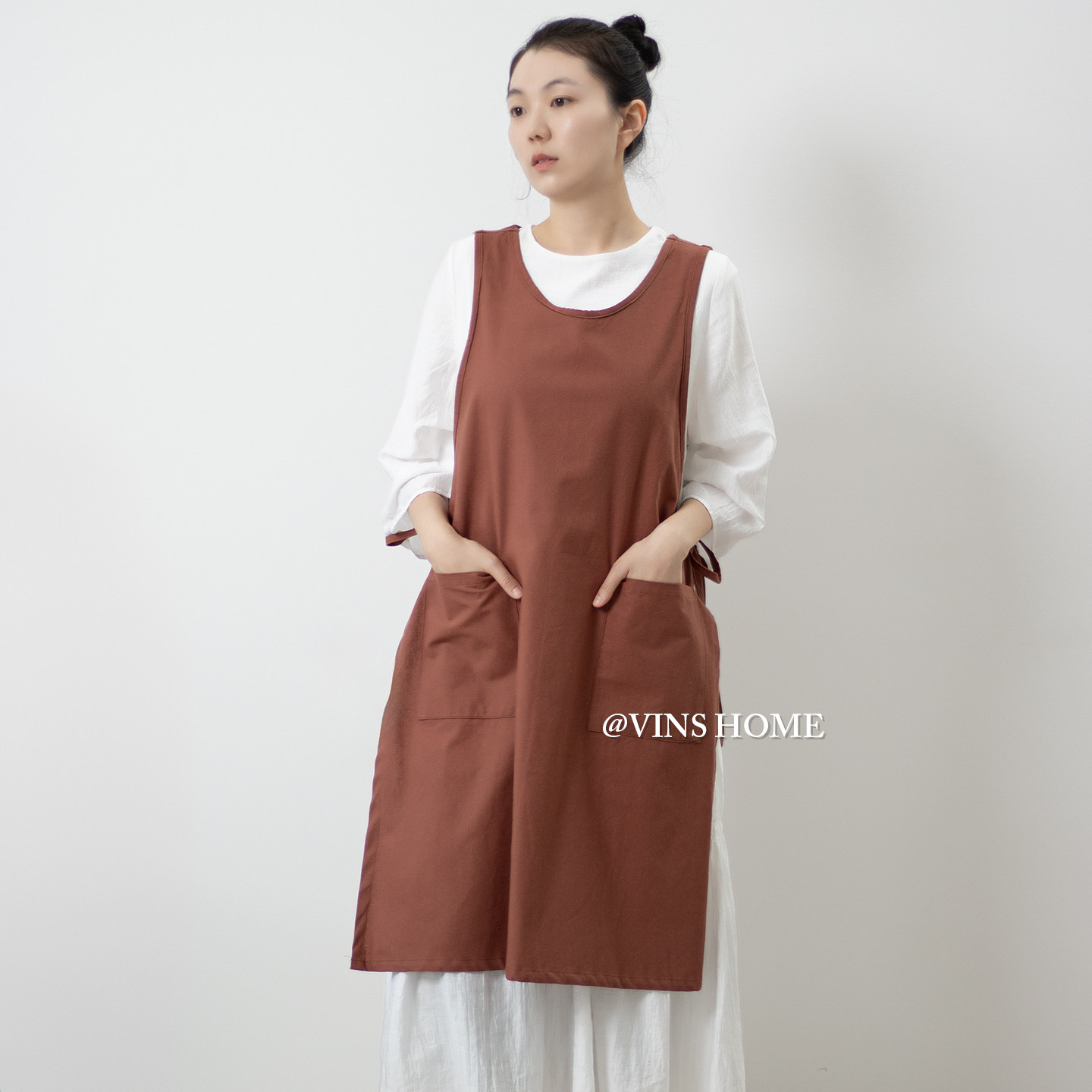 日系长款围裙咖啡店烘焙店工作服防污大口袋花艺师餐厅工装可定制