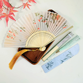 樱桃复古风折扇浅黄古典折叠扇新中式 国风女扇中国风扇道具扇子夏