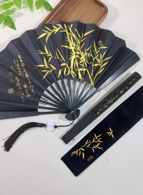 8寸双面折扇黑色烫金扇子古风绢布扇耐用折叠扇男女通用古典竹扇