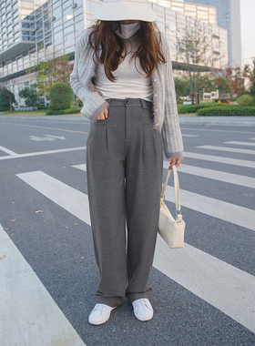 灰色阔腿西装裤女冬春气质宽松高腰直筒休闲百搭显瘦窄版拖地长裤