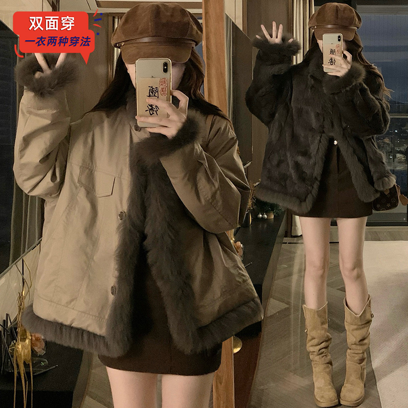 实拍 两面穿皮草外套女兔毛派克服2025新款狐狸毛领工装大衣棉服