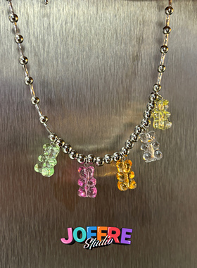 JOFFRE原创透明亚克力彩色小熊项链锁骨链多巴胺可爱甜酷风百搭