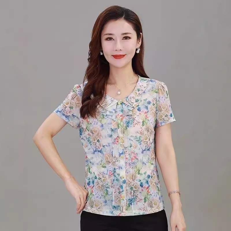 雪琳儿中老年女装夏季弹力台湾网纱时尚短袖修身小衫T恤