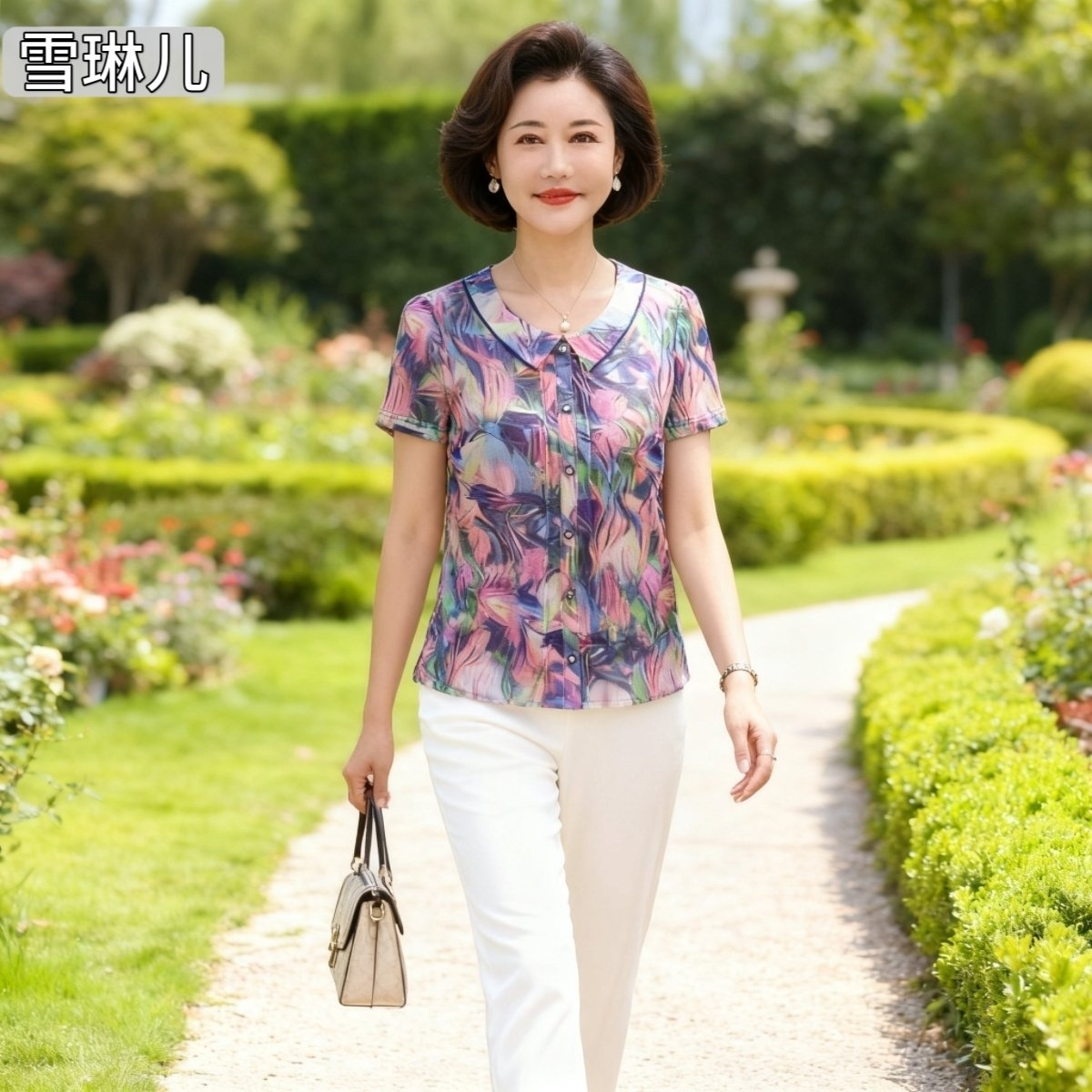 雪琳儿印花台湾网纱中老年女装小衫时尚夏季短袖修身弹力上衣