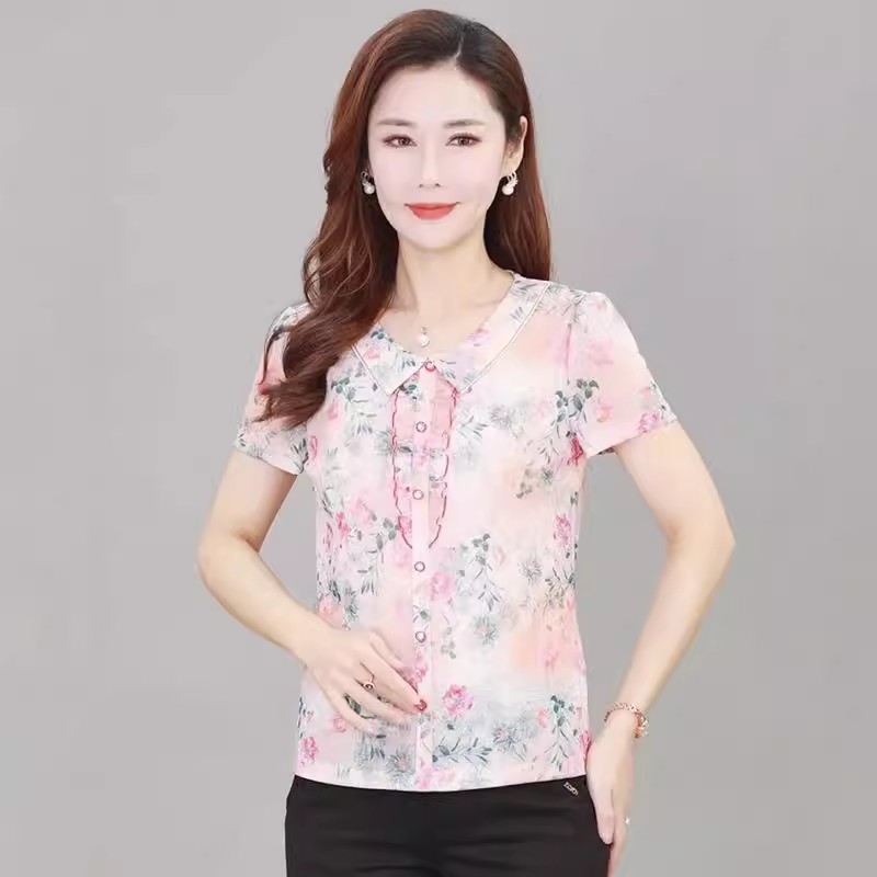 雪琳儿中老年女装夏季弹力台湾网纱短袖时尚小衫T恤上衣
