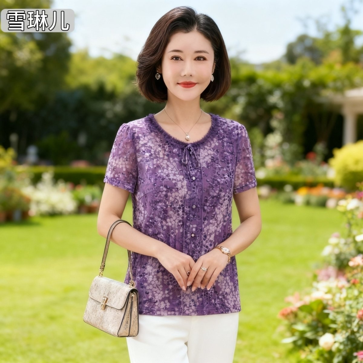 雪琳儿弹力台湾网纱中年妈妈女装夏季短袖小衫修身T恤上衣
