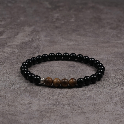 Pohier沉香黑曜石银珠手串